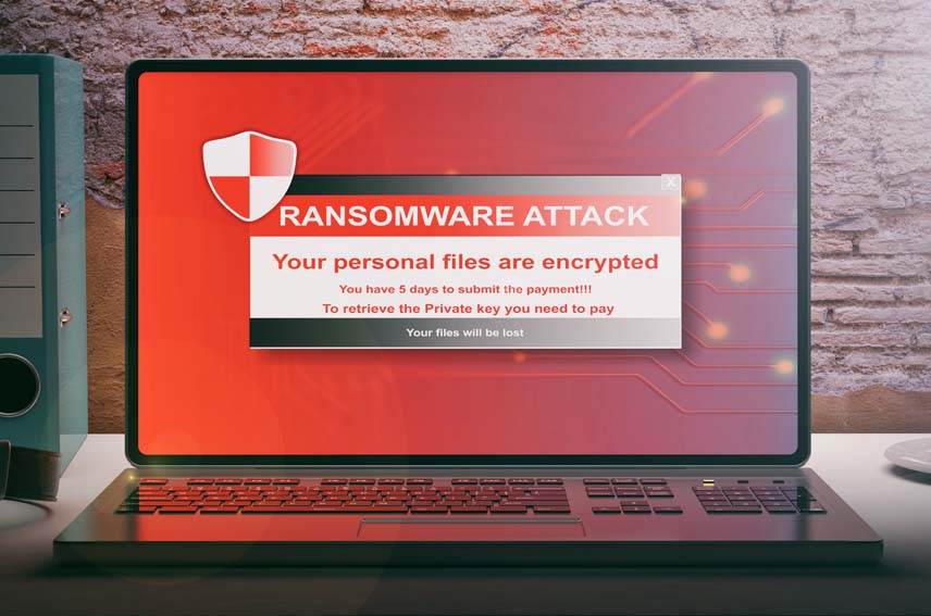 Ransomware alert on a laptop screen - brickwall background. 3d illustration